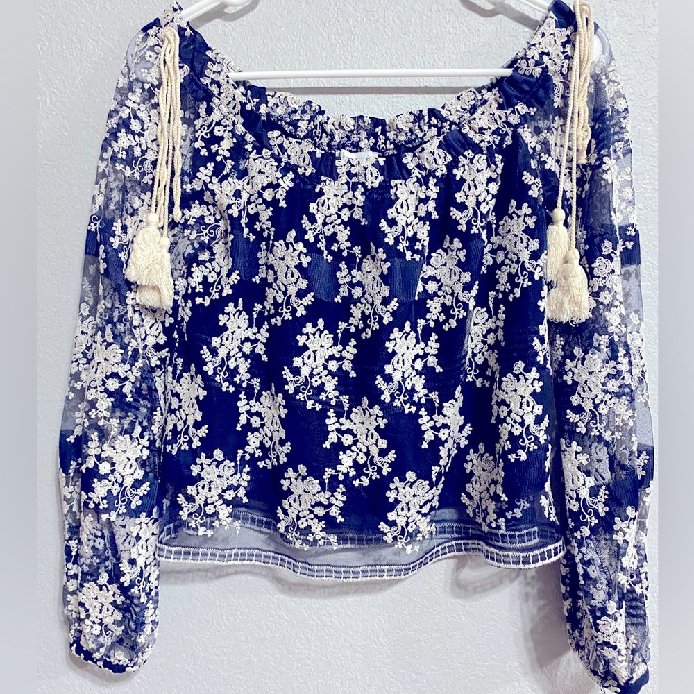 Lucy Paris size Small navy blue with white embroidery off-shoulder blouse - Picture 1 of 5